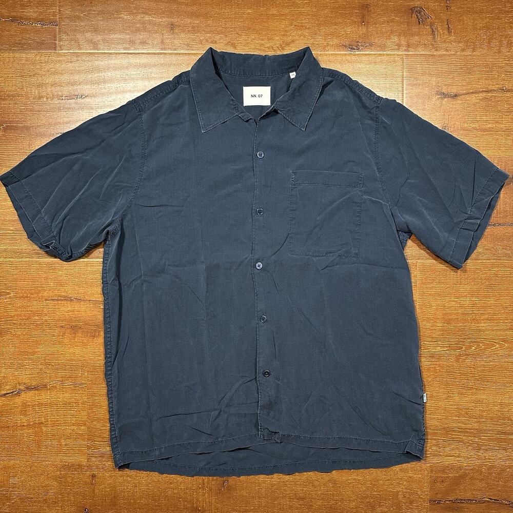 NN07 No Nationality Button Up Shirt Mens 2XL Blue Short Sleeve Camp Collar Retro